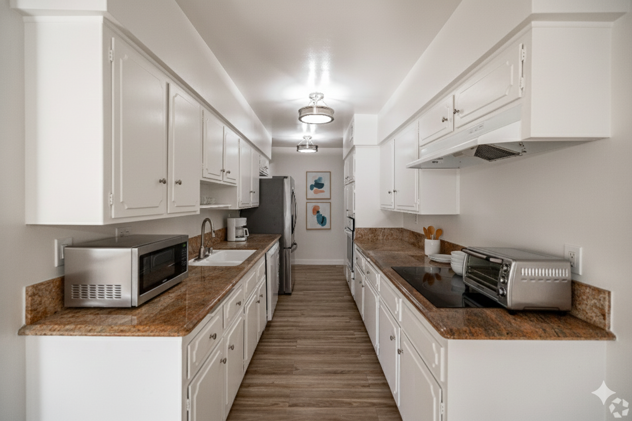 Galley kitchen with white cabinets, granite countertops, stainless steel appliances, and wood-look flooring.