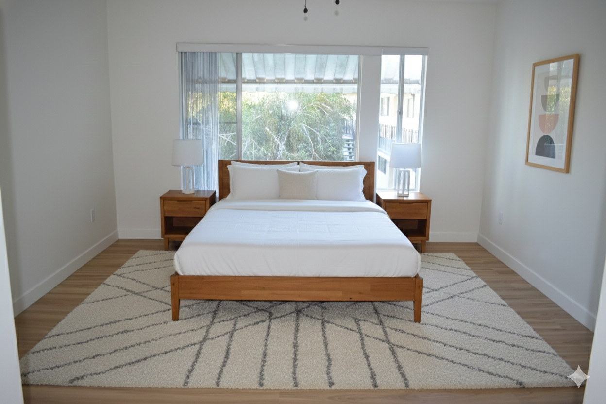 A bright bedroom with a central wooden bed frame, white bedding, two nightstands, a patterned rug, and wall art.