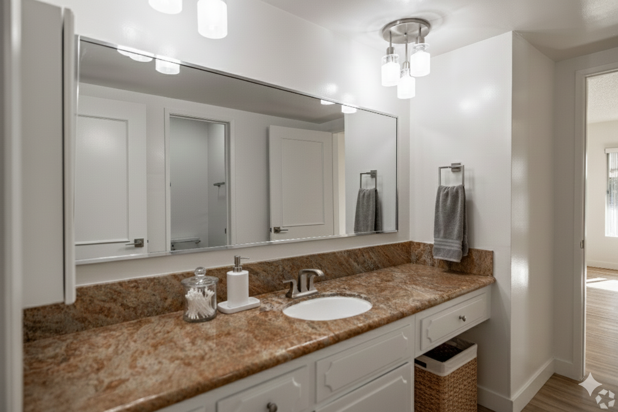 A modern bathroom with a granite countertop, white vanity, large mirror, and a hanging towel.