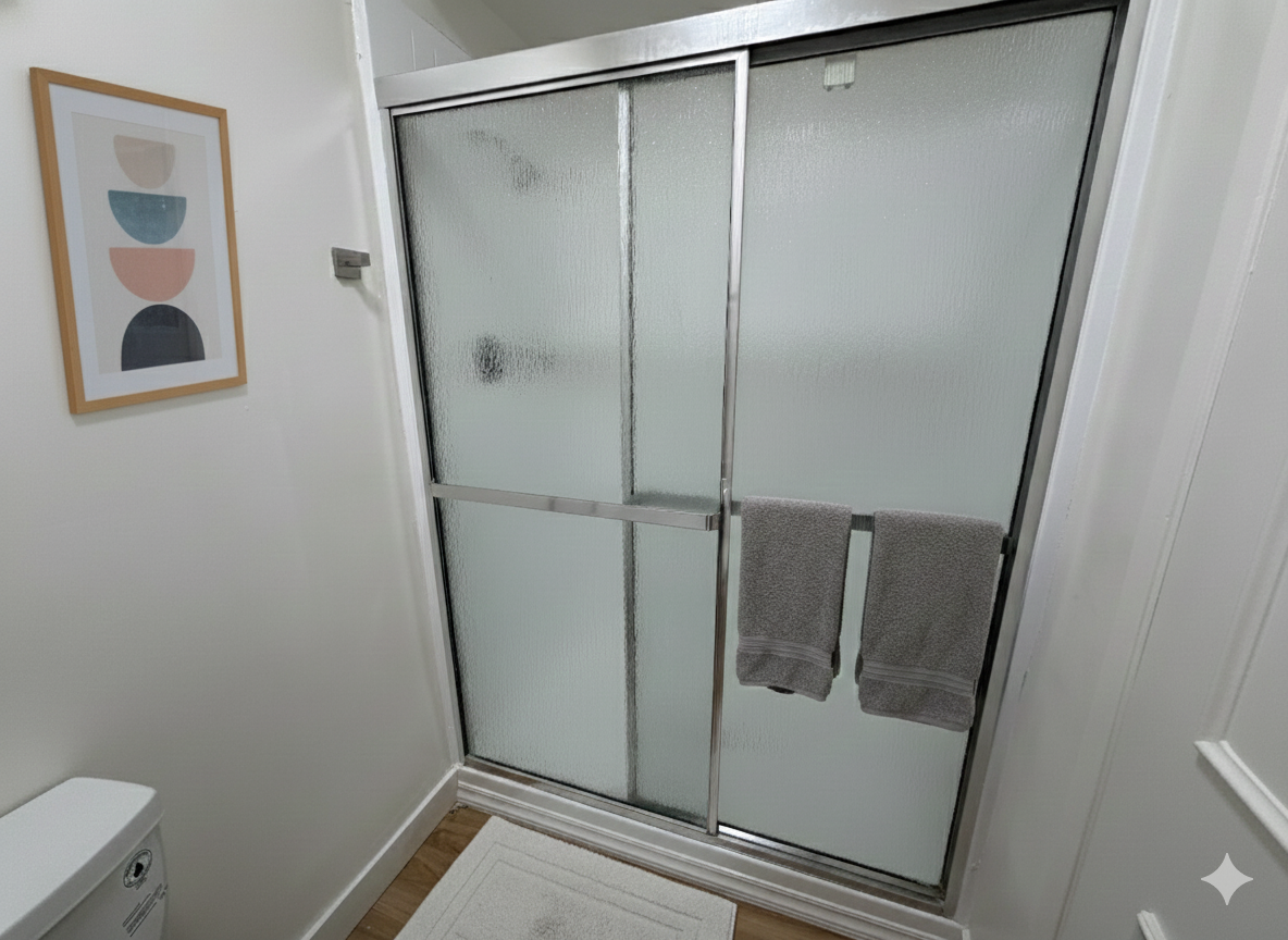 A bathroom corner featuring a walk-in shower with sliding frosted glass doors, two hanging gray towels, and wall art.