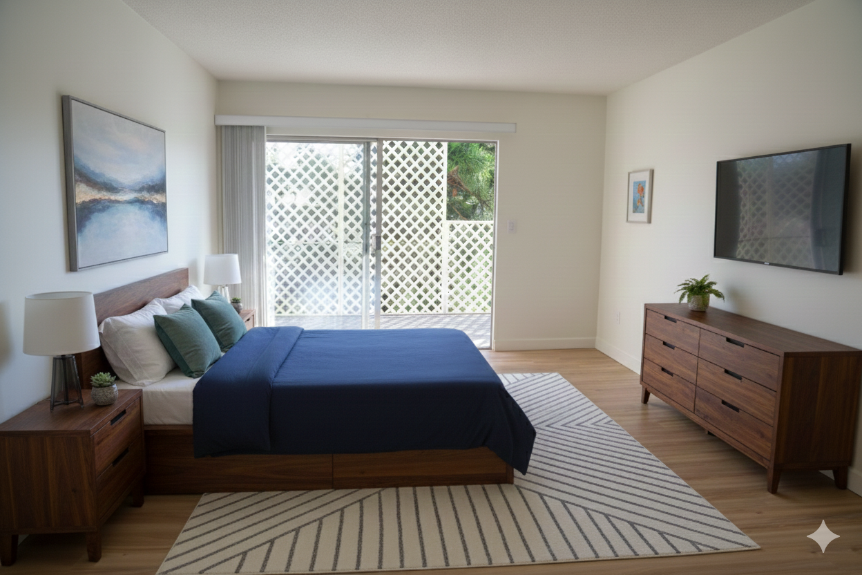 A modern bedroom featuring a wooden bed with a navy blue duvet, a matching dresser, and a wall-mounted TV.