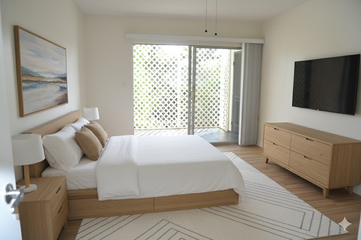A minimalist bedroom with a wooden bed, white bedding, a dresser with a wall-mounted TV, and a large sliding glass door.