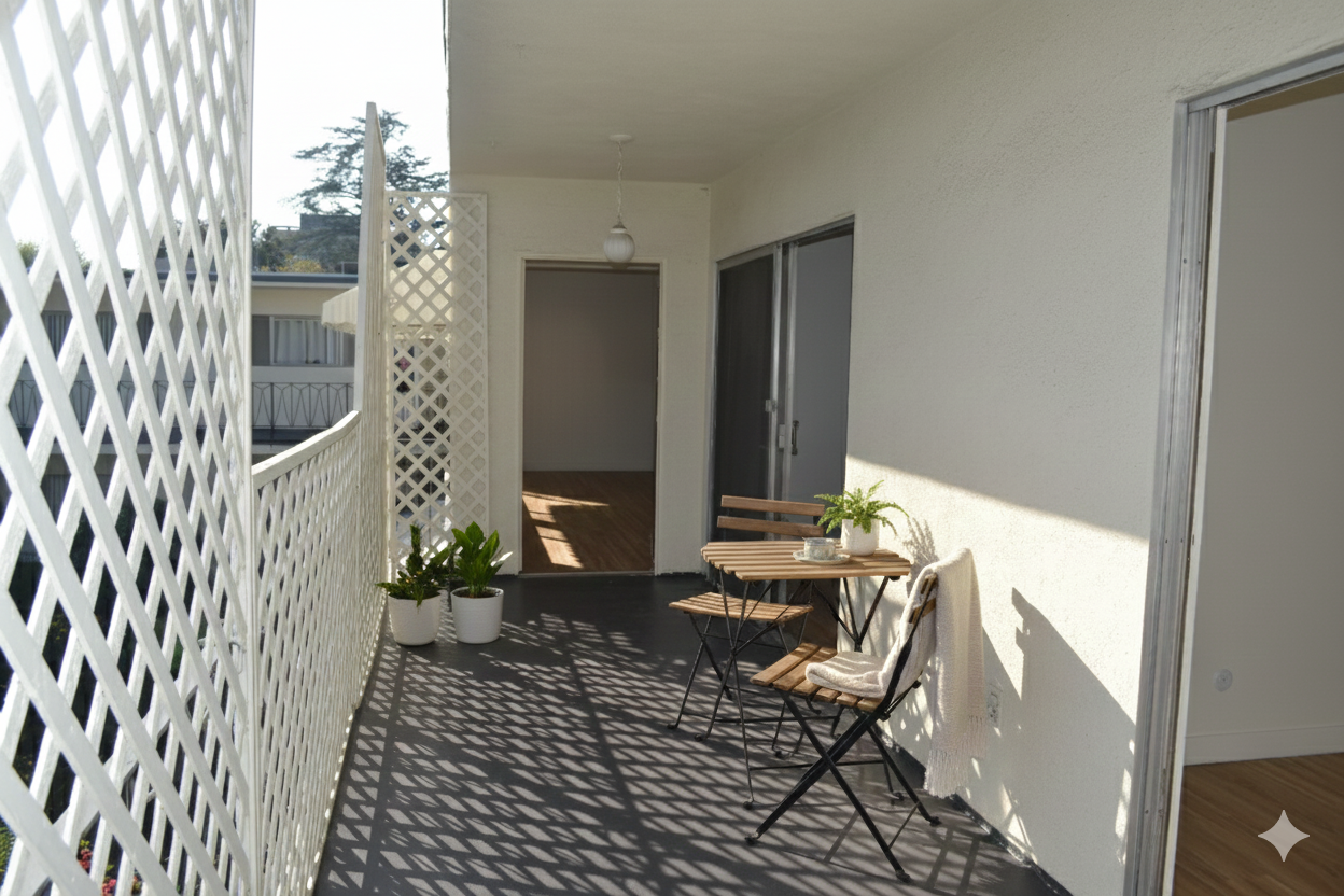 A sunny outdoor balcony with white lattice railings, a small wooden bistro table, and two chairs on a grey floor.