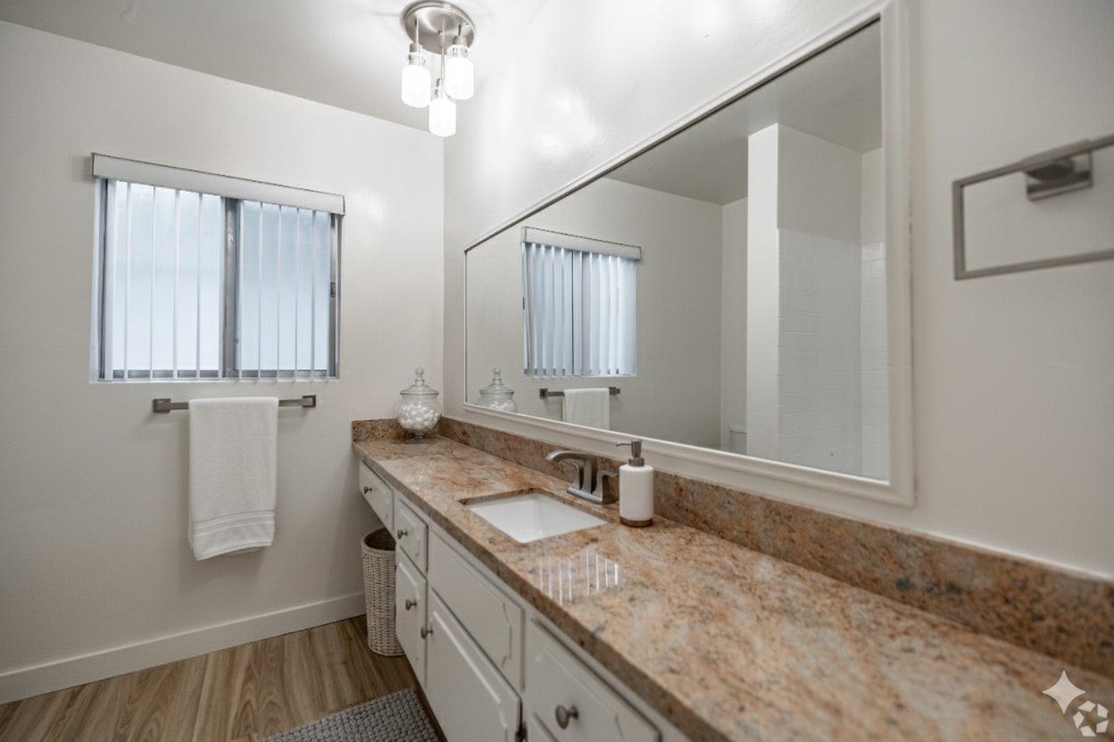 A modern bathroom with a granite vanity, white cabinets, a large wall mirror, a window with blinds, and a towel.