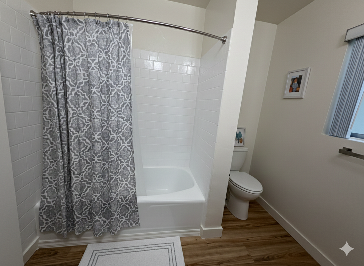 A bathroom features a white bathtub with a gray patterned shower curtain, light-colored walls, and wood-look flooring.