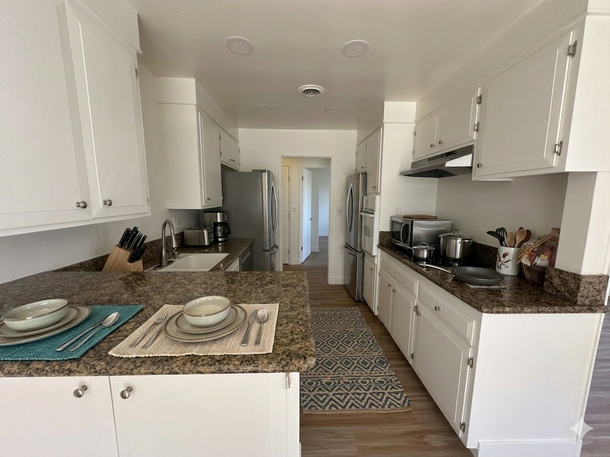 A bright kitchen with white cabinets, speckled brown countertops, a stainless steel refrigerator, and a patterned rug.