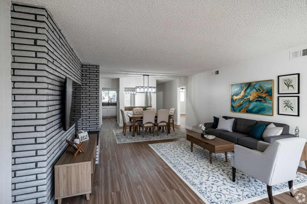 A living and dining room with wood floors, a grey brick fireplace, dark sofa, light armchair, and framed wall art.
