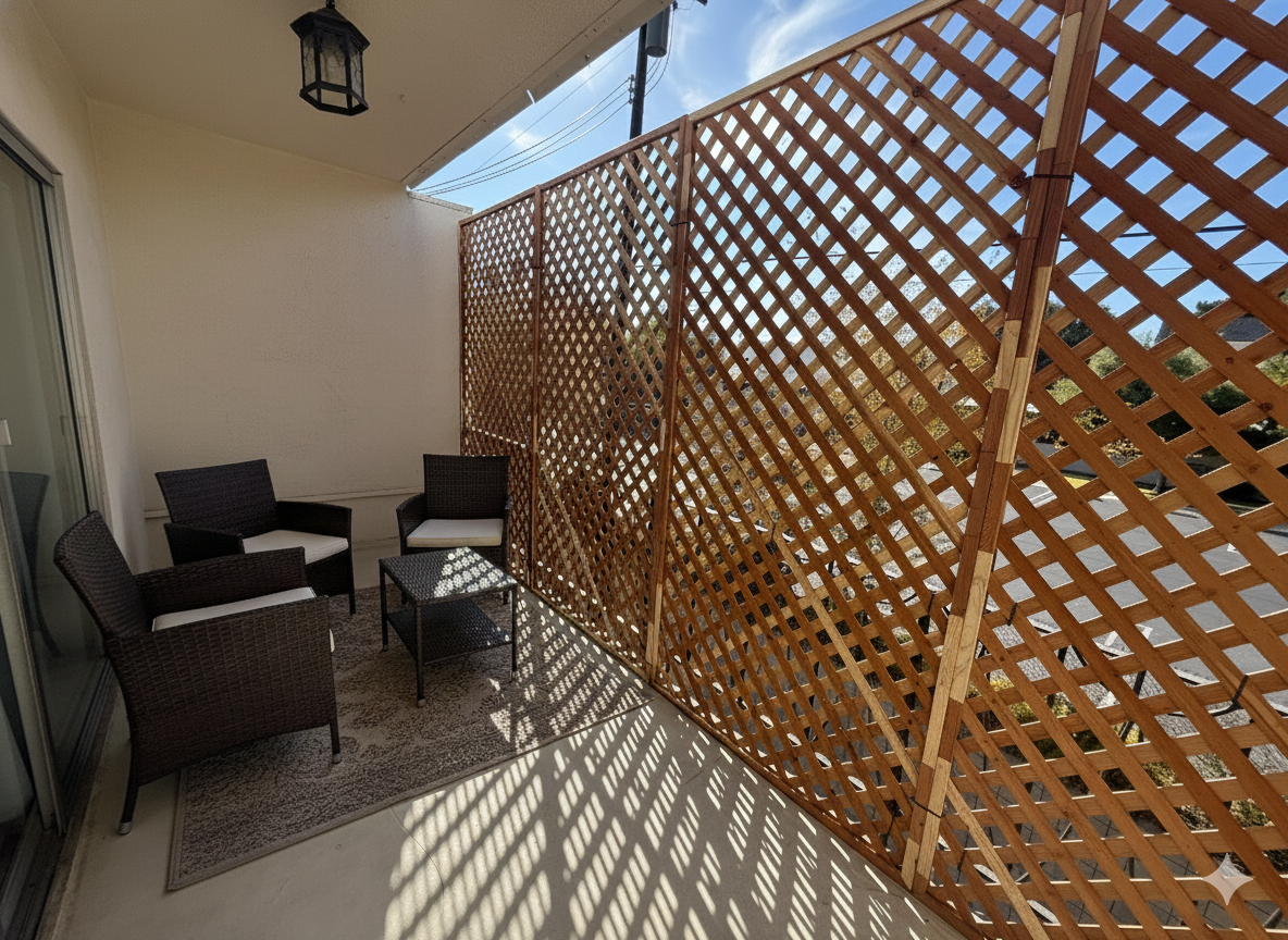 A balcony with two dark wicker chairs and a small table, framed by a wooden lattice privacy screen.