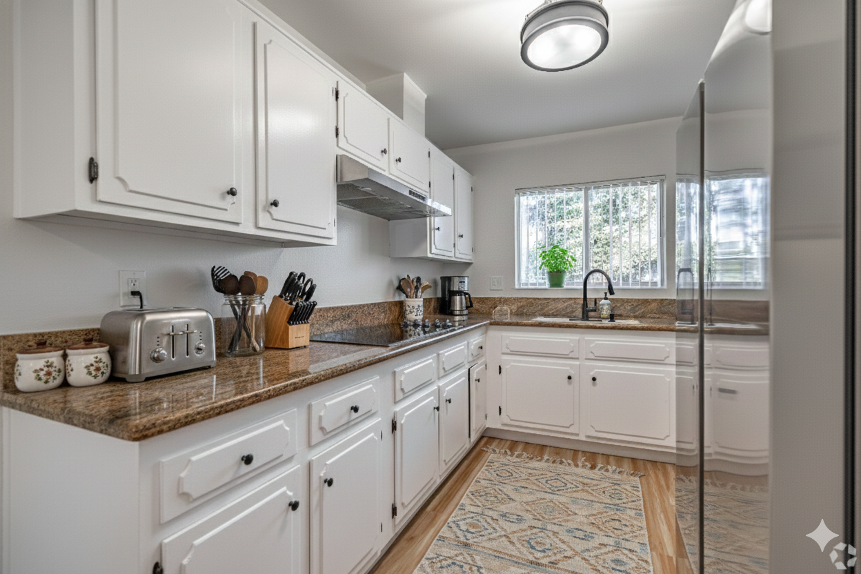 A kitchen featuring white cabinets, granite countertops, stainless steel appliances, and a runner rug on the wood floor.