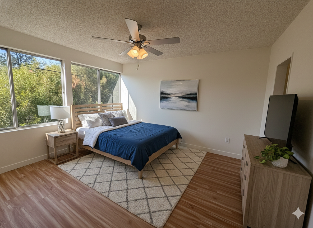 A bright bedroom featuring a queen bed with a blue quilt, a geometric area rug, wooden furniture, and large windows.