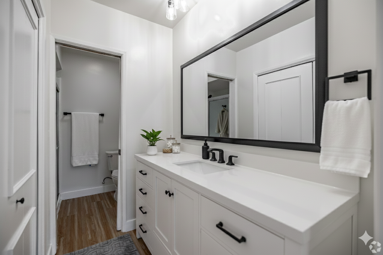 A modern white bathroom with a double vanity, black mirror frame, dark hardware, and a separate toilet area.
