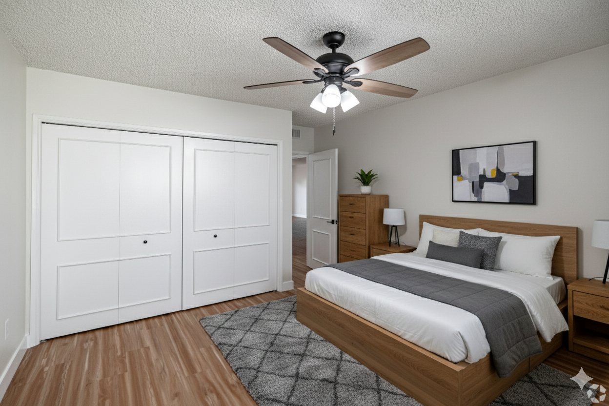 A bedroom with a wooden bed frame, white bedding, grey runner, patterned area rug, ceiling fan, and white closet doors.