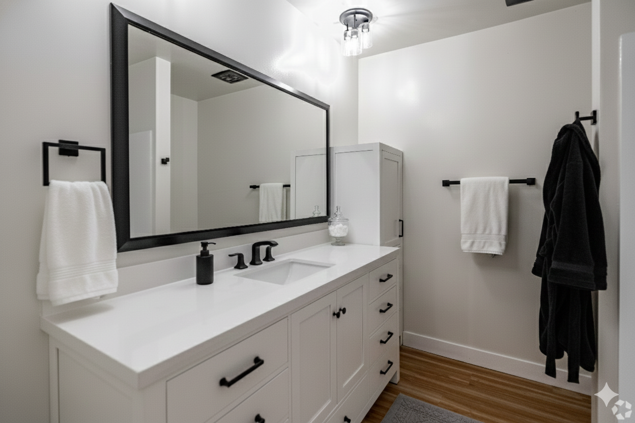 A modern bathroom featuring a white vanity with black hardware, a large mirror, a towel rack, and a robe hook.