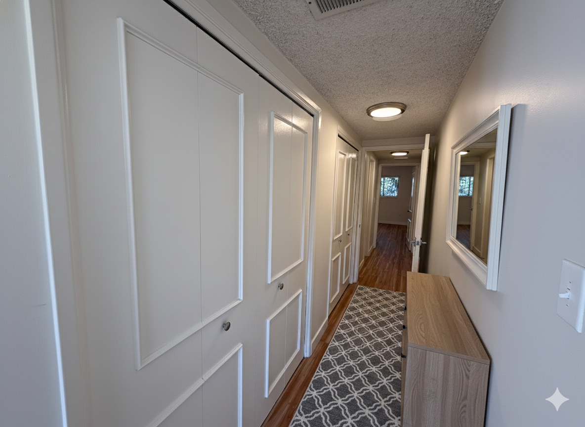 A hallway featuring white doors on the left, a patterned rug, a light-wood console table, and a mirror on the right.