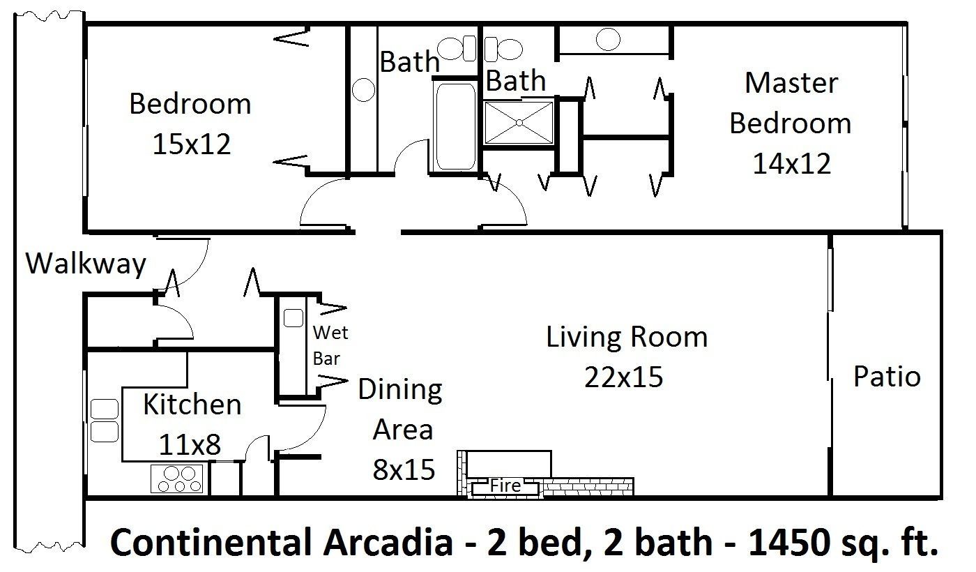 Floor plan for a Continental Arcadia 2-bedroom, 2-bath apartment layout labeled with room dimensions and total area.