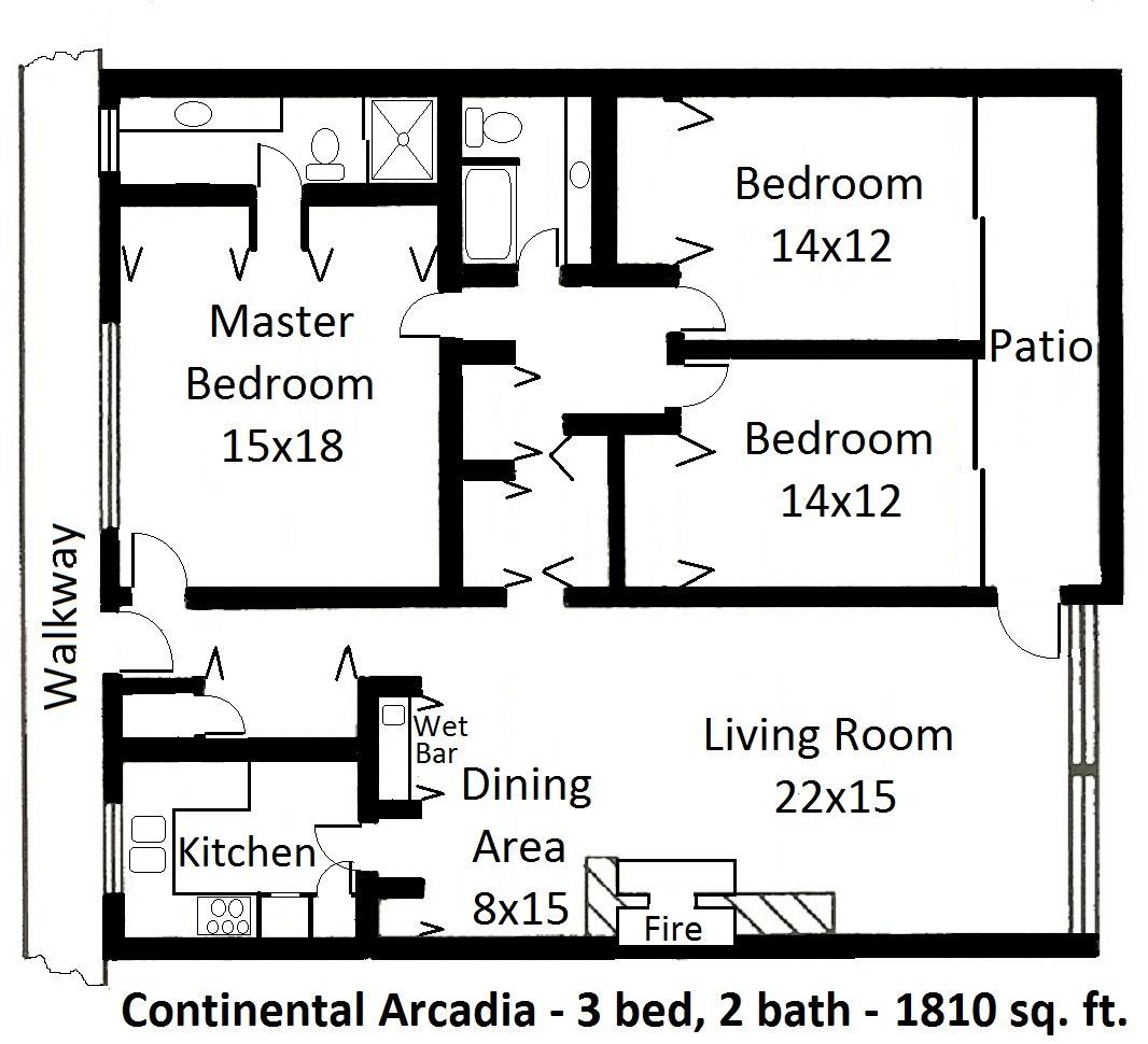 Floor plan of a 3-bedroom, 2-bathroom apartment labeled