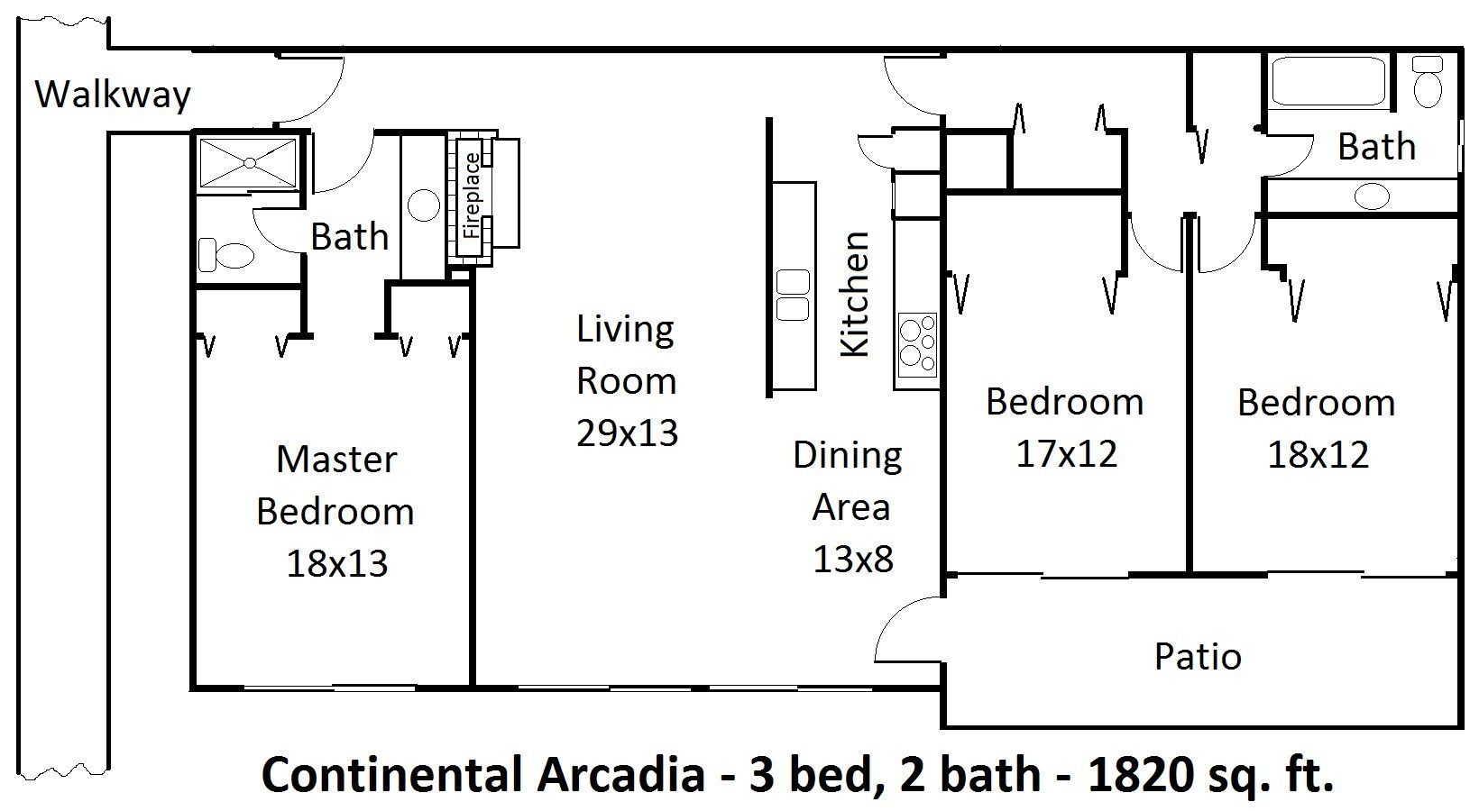 Floor plan for a 3-bedroom, 2-bath apartment titled