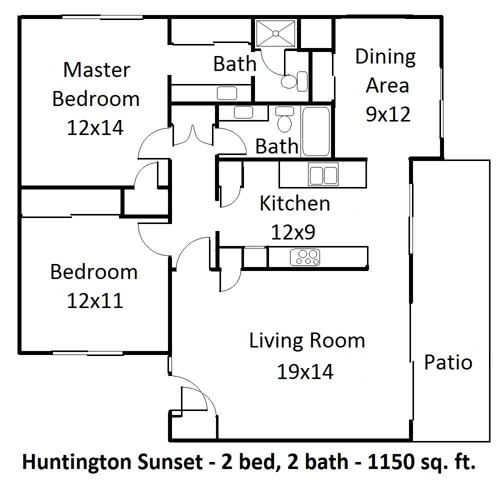 Floor plan for a 2-bedroom, 2-bath apartment titled Huntington Sunset, 1150 sq. ft., showing rooms and layout.