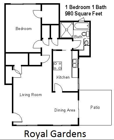 Floor plan for a 980 square foot, one-bedroom, one-bathroom Royal Gardens apartment with a living room, kitchen, and patio.