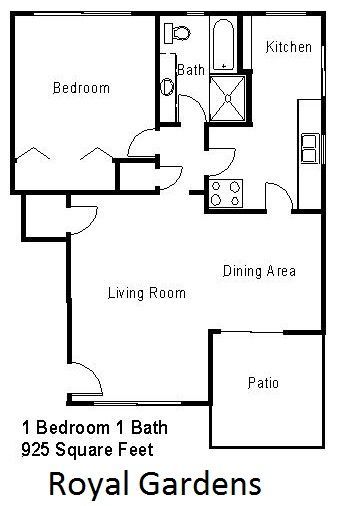 Floor plan of a Royal Gardens 1-bedroom, 1-bath apartment, totaling 925 square feet, featuring a patio and kitchen.
