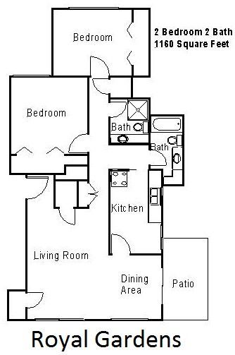 Floor plan for a 2-bedroom, 2-bathroom apartment at Royal Gardens, covering 1160 square feet.