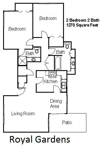 Floor plan for a 1,270 square foot, 2-bedroom, 2-bath apartment at Royal Gardens.