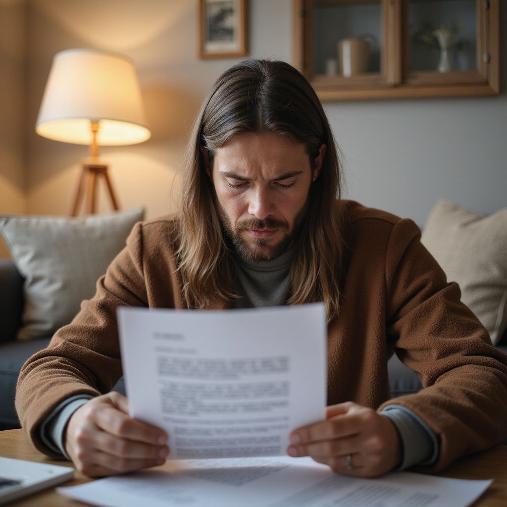 man looking down reading a insurance claim policy