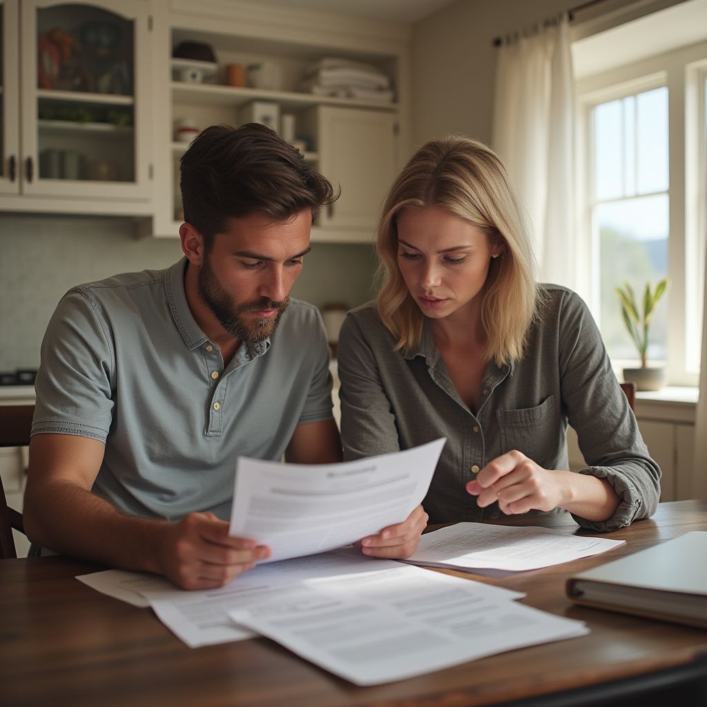 Man and woman in a kitchen with white cabinets looking down at something