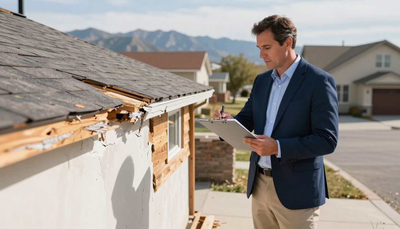 A professional public adjuster reviewing an insurance claim for a homeowner.