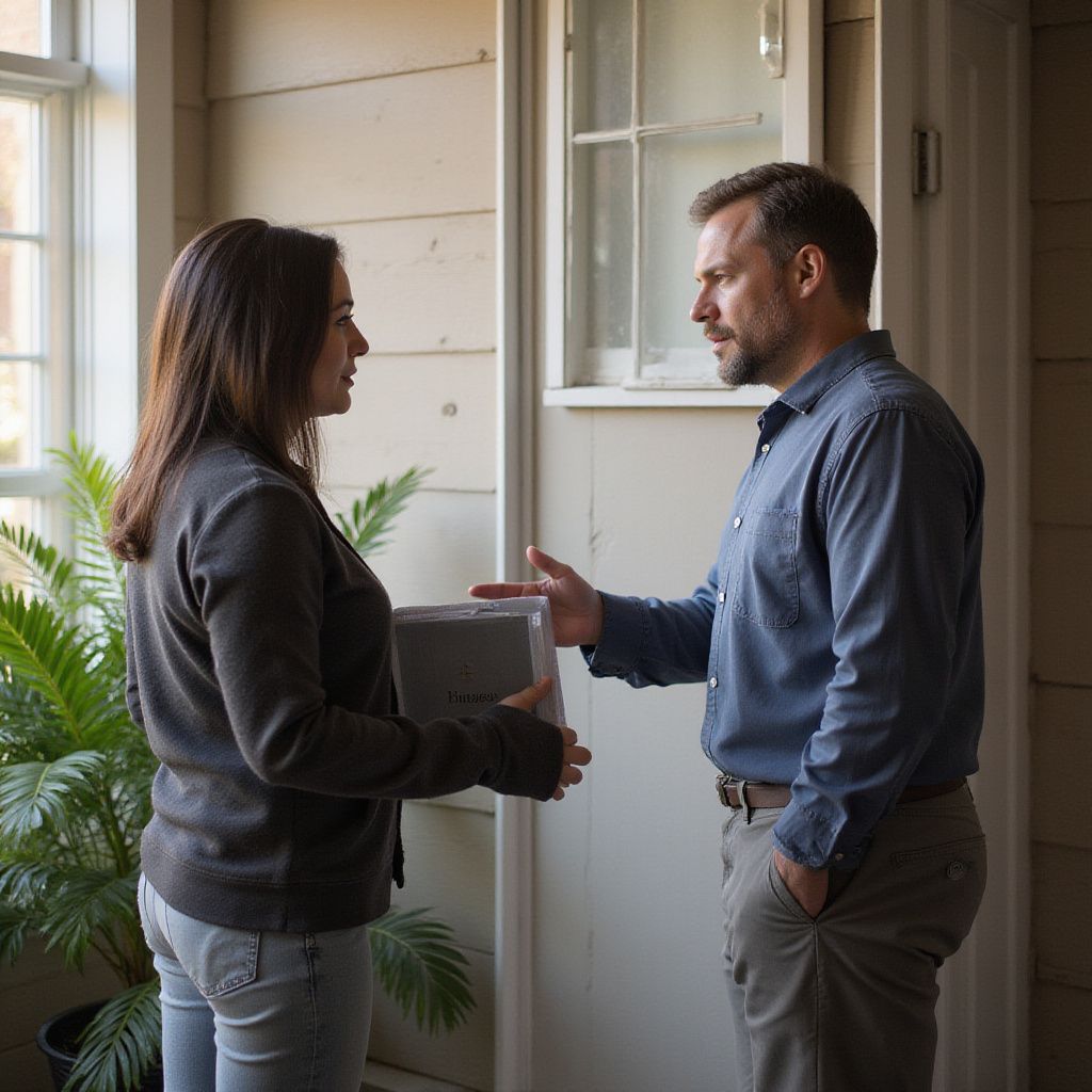 Woman and man standing outside home talking to each other about Optivus Claim Solutions in Salt Lake City