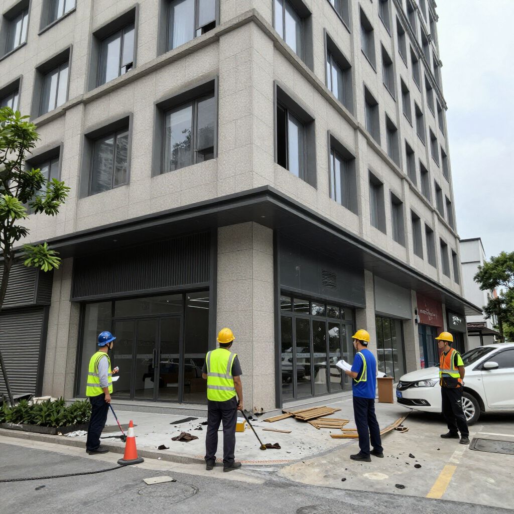 Construction crew inspecting the water damage to a commercial building in Provo