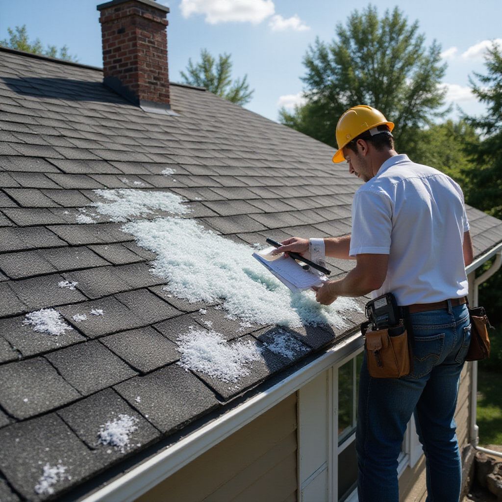 man standing on a roof looking at damage