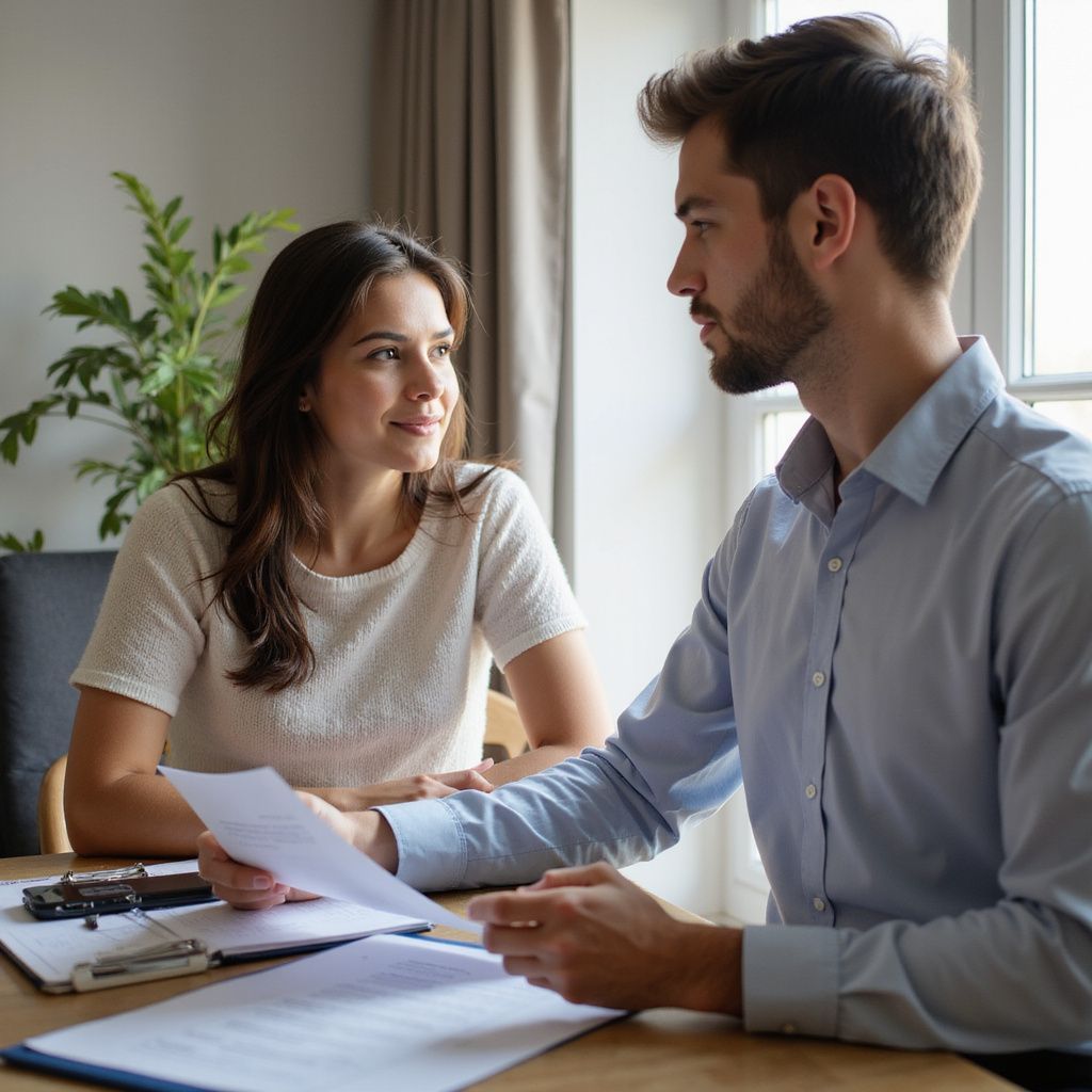 Woman and man sitting at table discussing insurance claim