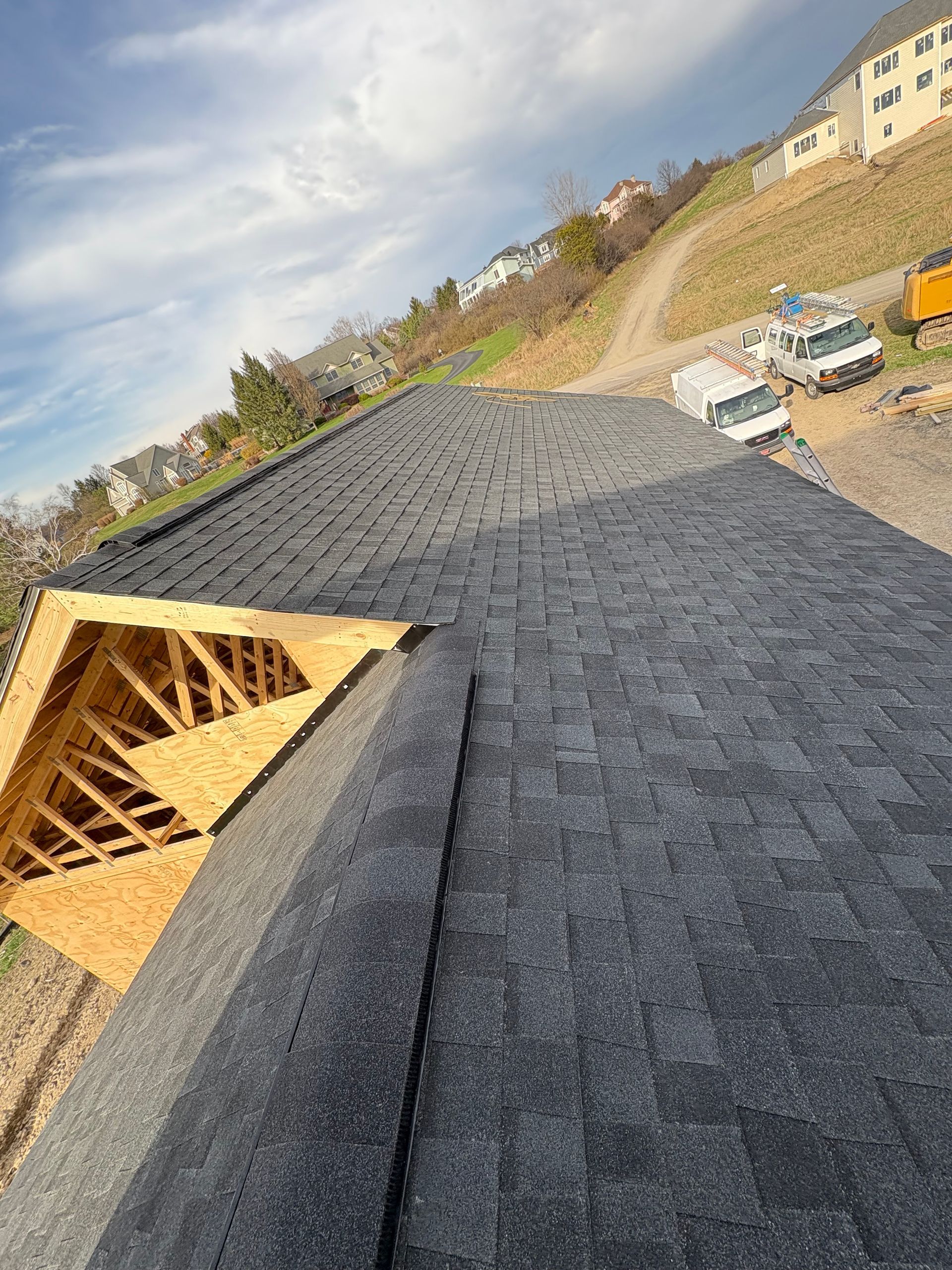 An aerial view of a roof under construction