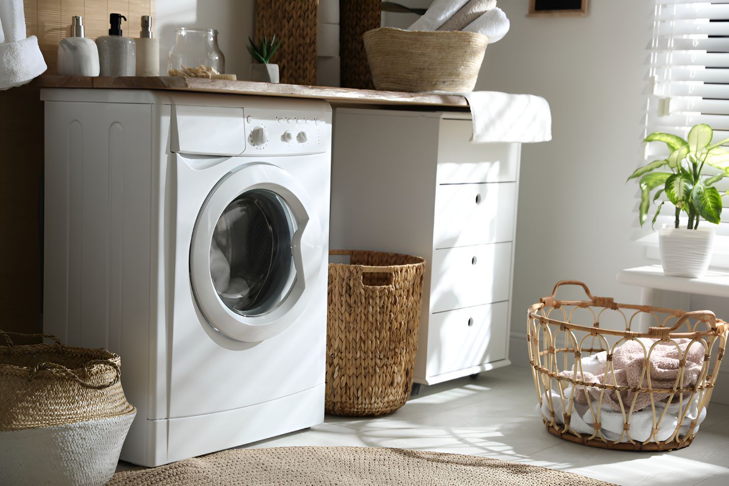 A Laundry Room With a Washing Machine , Baskets , and a Window — Our Sparky In Urraween, QLD