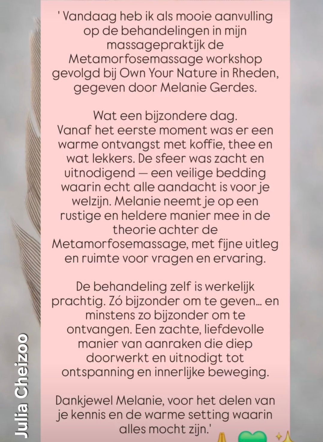 Tekstuele recensie van een massageworkshop door Melanie Gerdes, met een getuigenis van Julia Cheizoo.