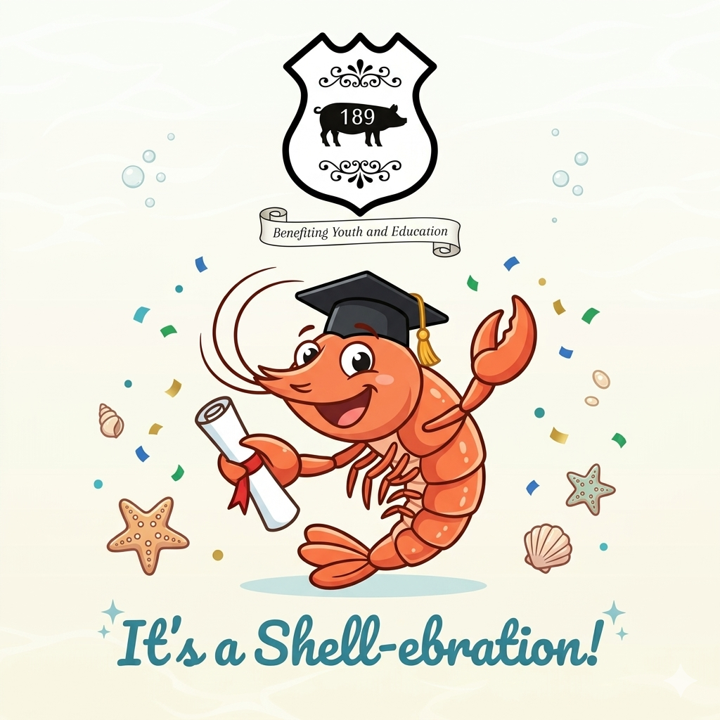 A cartoon shrimp wearing a graduation cap, holding a diploma, with confetti, seashells, and 