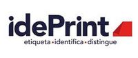 Logotipo de IdePrint: Texto azul oscuro y forma roja similar al origami. El subtítulo dice "etiqueta.identifica.distingue".