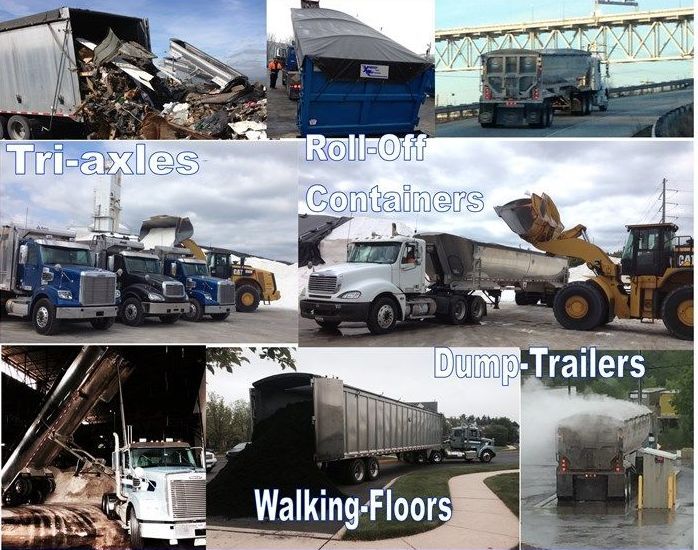 A collage of trucks with the words roll off containers dump trailers and walking floors