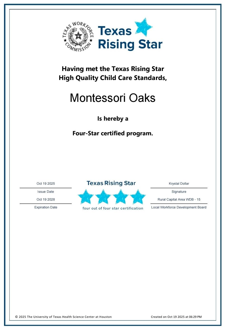 Montessori Oaks four-star certified program
