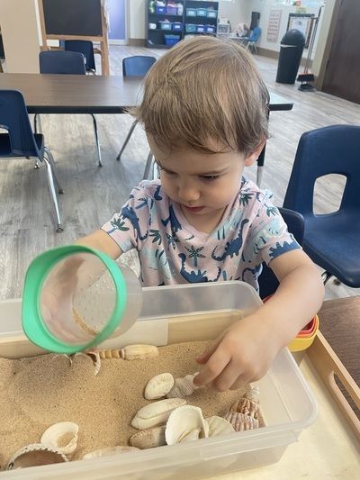 Child exploring seashells in a tray with a green magnifier in a classroom setting