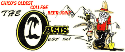 Logo for The Oasis, a beer joint, with a cartoon prospector, donkey, and mountains.