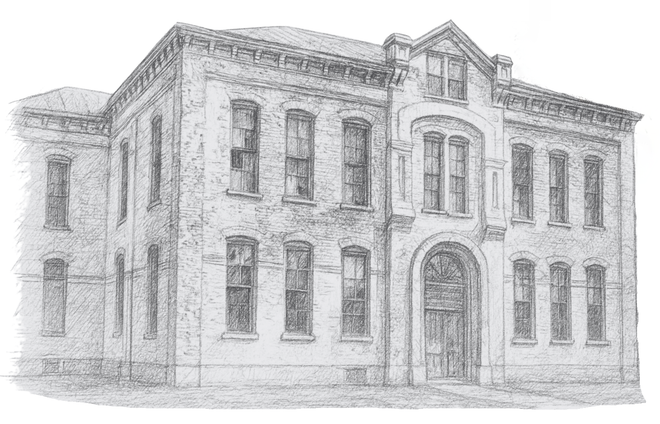 Hand drawn pencil sketch of Dudley Square building in Lexington, KY