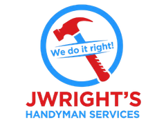 Logo for JWright's Handyman Services featuring a red hammer inside a blue circle with the words "We do it right!".