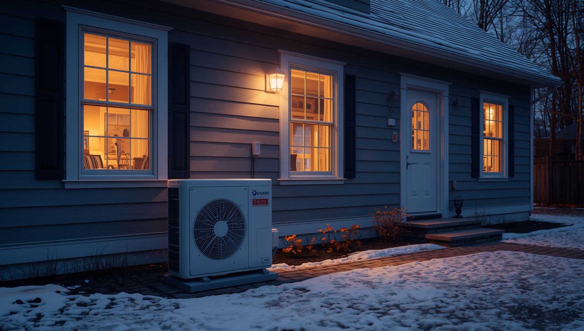 A modern New England home with a heat pump unit installed outside