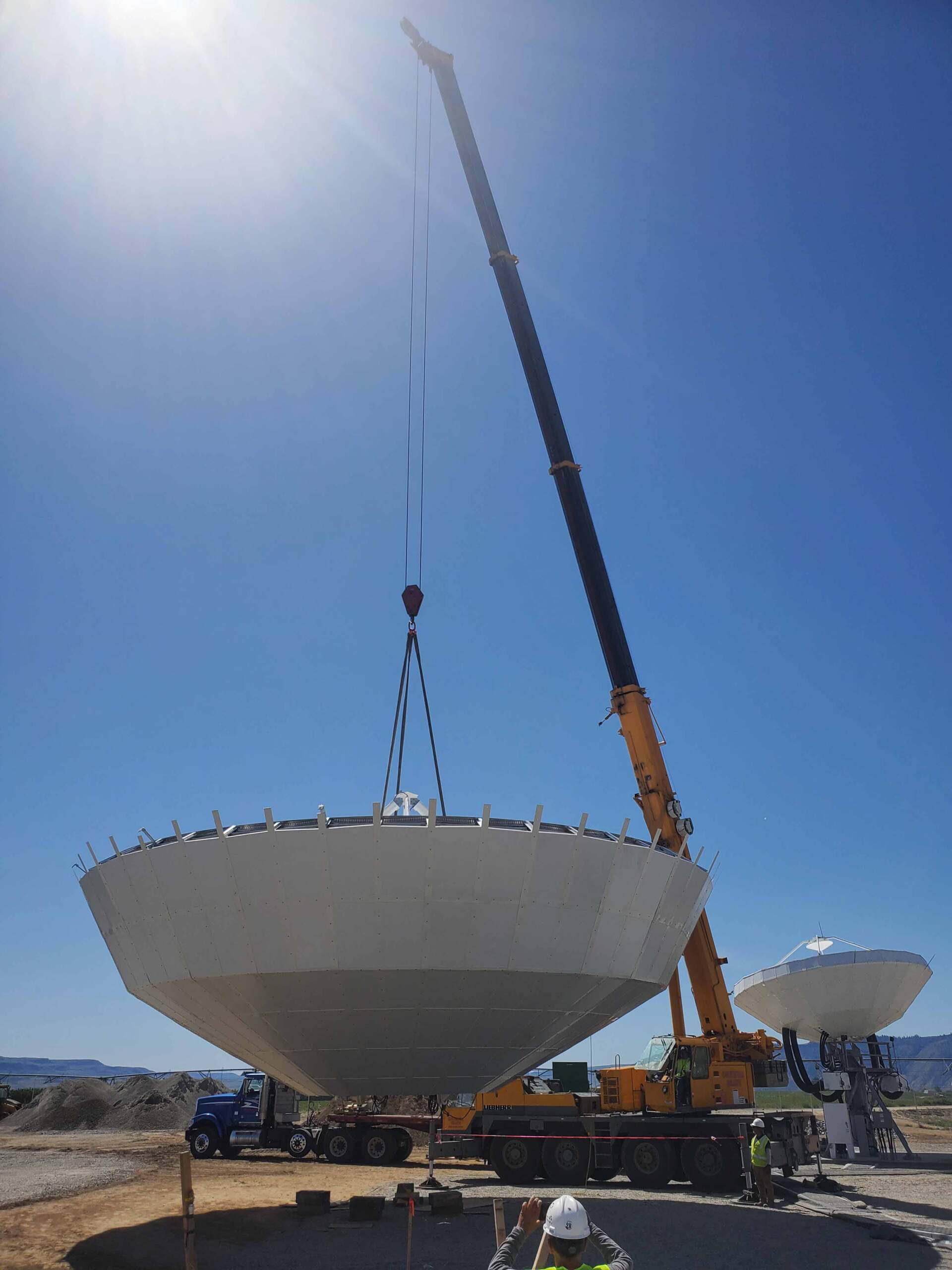 Lifting the Satellite Dish from Transport Truck — Wenatchee, WA — Columbia Cranes