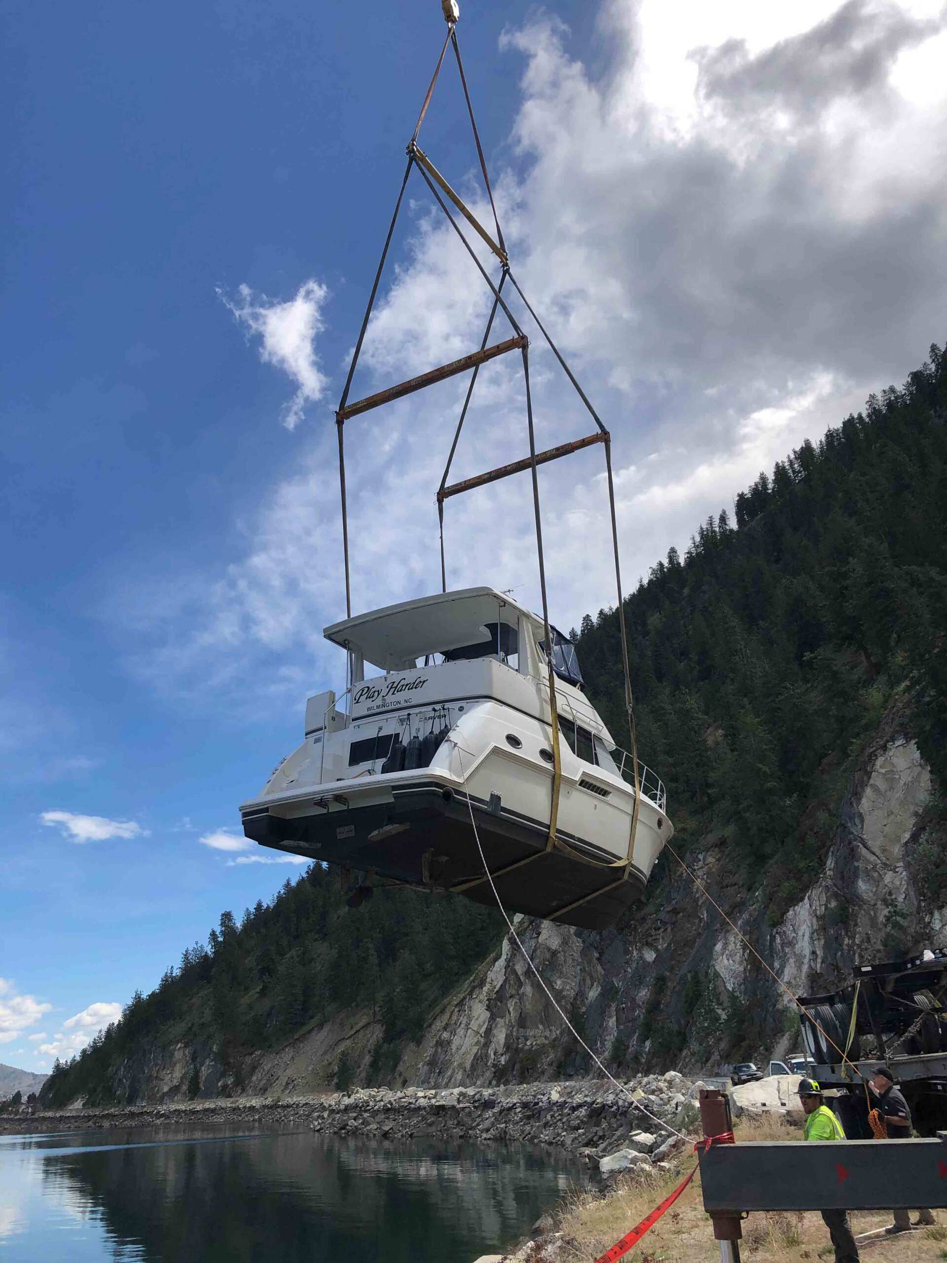Crane Lifting Boat into the Water — Wenatchee, WA — Columbia Cranes