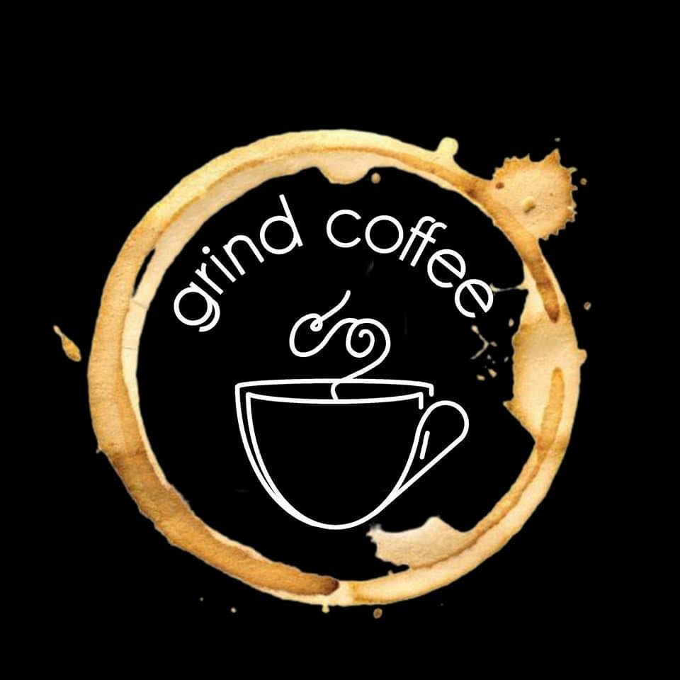 Coffee stain logo: white outline of a coffee cup and steam within a coffee ring, text "grind coffee."