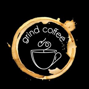 Coffee stain logo: white outline of a coffee cup and steam within a coffee ring, text "grind coffee."