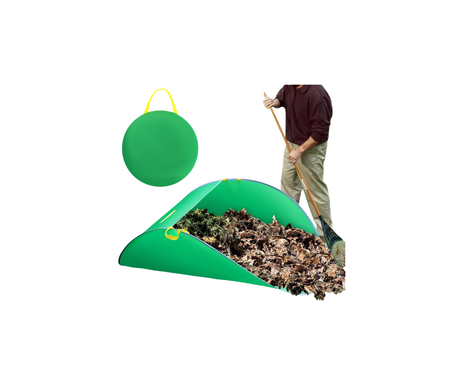 Green leaf scoop with handle, used to collect leaves